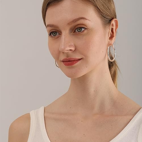 PRETOLE 925 Sterling Silver Hoop Earrings, Thick Oval Chunky Silver Hoop Earrings Hollow Tube Thick Silver Hoop Earrings Hypoallergenic Lightweight Large Silver Chunky Hoop Earrings for Women 30-50MM