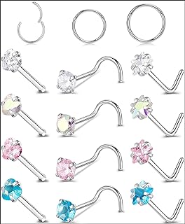 18G/20G Nose Rings Nose Studs L Shape Hypoallergenic Screw Studs Rings 316L Surgical Stainless Steel Body Piercing Jewelry Set for Women Men Cubic Zirconia Size 1.5/2/3mm Gold/Silver