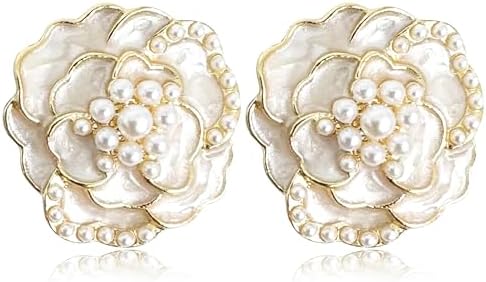 Handmade Minimalist Gold Sparkly Crystal Flower Stud Earrings Exquisite Elegant Camellia Flower Enamel Alloy Diamond Pearl Dangle Drop Earrings for Women Girls Jewelry Gifts