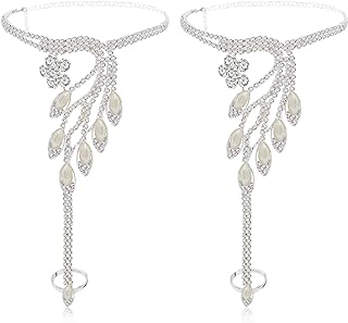 2 Pieces Women's Foot Chain Barefoot Sandals Beach Wedding Jewelry Anklet with Rhinestone Toe Ring
