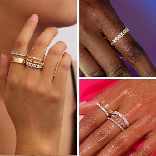 FUNEIA Stackable Gold Rings for Women Non Tarnish Trendy Dainty 14K Gold Plated Stacking Cubic Zirconia Thumb Ring Set Pack Statement Chunky Band Rings Promise Engagement Rings Size 7 8 9 10 11