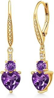 Women's 18K Yellow Gold Plated Lever Back Dangle Earrings, 2.33 Cttw Heart and Round Shape Lab Grown Diamond and Purple Amethyst by Gem Stone King