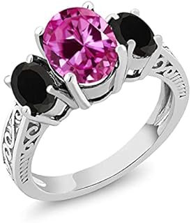 Stunning Black Onyx and Pink Created Sapphire 3-Stone Ring in 925 Sterling Silver for Women - Available in Sizes 5 to 9