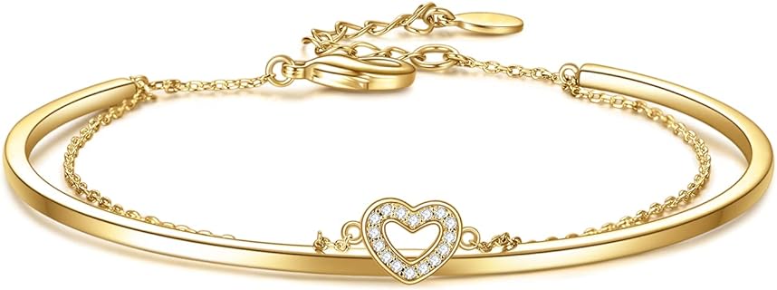 14K Gold Plated Double Heart Bangles Bracelets for Women Teen Girls Forever Love Heart Womens Adjustable Gold Chain Bangle Bracelet Best Gifts for Mother and Daughter Sisters Best Friends Lovers