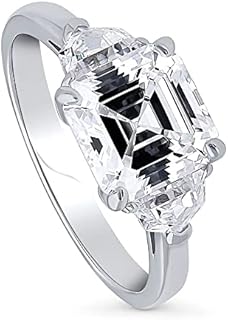 BERRICLE Sterling Silver 3-Stone Wedding Engagement Rings Asscher Cut Cubic Zirconia CZ Ring for Women, Rhodium Plated Size 4-10
