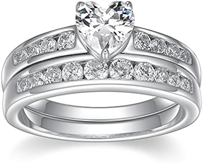 Morgan & Paige Bridal Ring Set - Channel-Set Heart Shaped Cubic Zirconia - 925 Platinum Plated Sterling Silver Wedding and Engagement Ring Set For Women