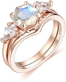 Natural Moonstone Gemstone Genuine 925 Sterling Silver Ring Set for Women 7 * 7 Hexagon Cut Women's Ring for Engagement Bride Romantic Birthday