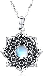 925 Sterling Silver Vintage Mandala Pendant Necklace with Cubic Zirconia; Elegant Moonstone Necklace for Women/Teens in Flower of Life Design; Hypoallergenic Viking Amulet Inspired Jewelry
