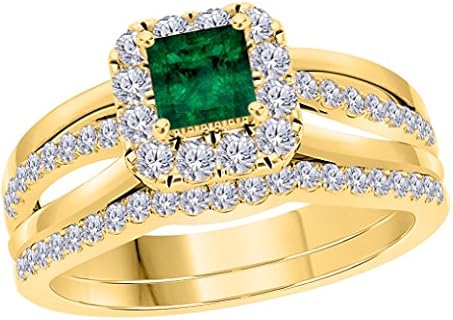 Sterling Silver Split Shank Engagement Ring with 2CT Princess Cut Emerald CZ - 14K Yellow Gold-Plated Bridal Set for Women Size 4-12