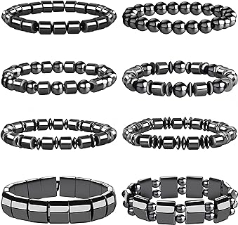 Magnetic Clasp Hematite Bead Bracelet with Bead Chain for Men and Women in Round Design - WAINIS Unisex Healing Stone Jewelry Gift Set