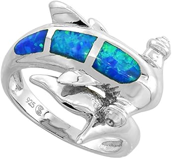 Sterling Silver Hammerhead Shark Wedding Band Featuring Synthetic Blue Opal for Women, Unique Sea-Inspired Design, Size 6