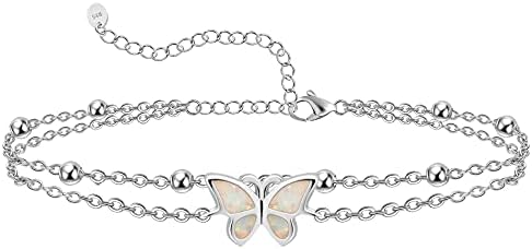 CHIC & ARTSY Womens Anklet 925 Sterling Silver Created Opal Layered Anklet Bracelet Dainty Beaded Chain Anklet Adjustable 11" Best Friend Anklet for Women