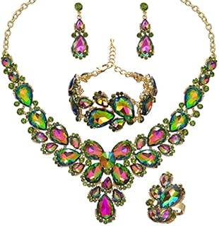 Lobster Clasp Austrian Crystal Bridal Jewelry Set for Women with Teardrop Design, Including Necklace, Earrings, Bracelet and Ring