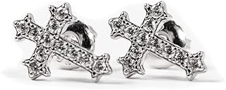 Mens Women's Small Prong Set Iced 5A Cz Hip Hop White Gold Rhodium 925 Sterling Silver Hypoallergenic Crucifix Ice Out Cubic Zirconia Gothic Cross Screw Back Stud Earrings