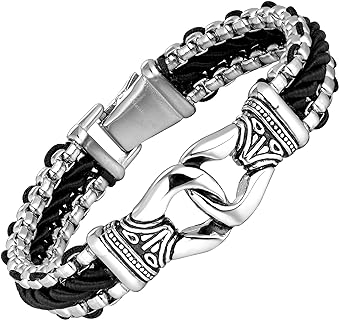 Urban Jewelry Amazing Stainless Steel Men's link Bracelet Silver Black 9 Inch with Necklace Option 21 inch (With Branded Gift Box)