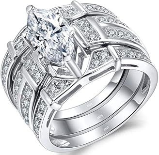 Trio Sterling Silver Cubic Zirconia CZ Marquise Wedding Ring Set Anniversary for Women