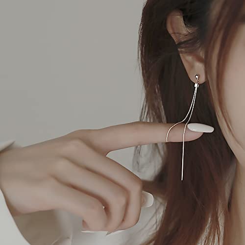 Reffeer Solid 925 Sterling Silver Tassel Chain Dangle Earrings for Women Girls Long Dangle Drop Earrings Line Minimalist