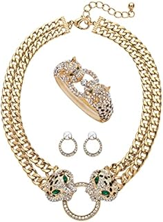 PalmBeach Goldtone Marquise Cut Simulated Green Emerald and Crystal, Leopard Collar Necklace, Bangle Bracelet and Drop Earring Set