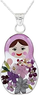 NOVICA Handmade .925 Sterling Silver Resin Pendant Necklace Purple Matryoshka with Natural Flowers Or Leaf Multicolor Mexico Floral 'Violet Mexican Matryoshka'