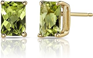 14K Yellow Gold Push Back Peridot Stud Earrings for Women, Genuine Leaf Green Gemstone Solitaire Design, Radiant Cut, 2 Carat Total