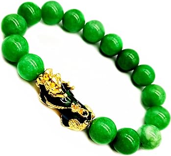 Feng Shui Pixiu Bracelet 12mm Amulet Dragon Natural Stone Beads Bracelet Attract Wealth Money and Good Luck(Green)