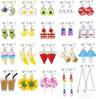 JOERICA 20 Pairs Cute Clip On Earrings Weird Earrings for Women Funny Drop Dangle Earrings Funny Mushroom Frog Duck Strawberry Goldfish Flower Fruit Animal Kawaii Clip Dangle Earrings Non Pierced Earring With Clear Box