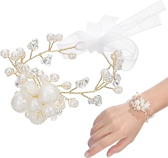 Amosfun Bracelet Mariée à Fleurs pour Demoiselles d'Honneur avec Perle Blanche, Taille M, Élégant et Confortable, Idéal pour Mariages et Occasions Formelles