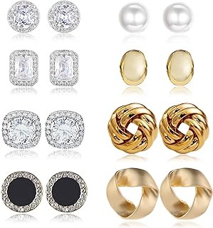 Dazzling Cubic Zirconia and Crystal Stud Earrings with Secure Push Back Fastening by YANJINMY - 8 Pairs Gold Knot Alloy & Stainless Steel Women's Earrings Set