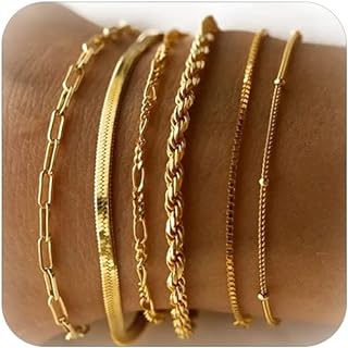 6Pcs Glamorous Gold Bead Bracelets with Dainty Herringbone and Lobster Claw Clasp for Women, Unique Stackable Design