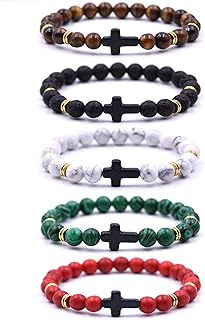 5-10Pcs Bead Bracelet for Men Women Lava Rock Stone Cross Bracelet Elastic