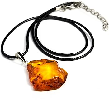 Pendant for Women and men, Genuine Baltic Unpolished Amber, Cord Necklace with Clasp (Small Honey Color), Small and Larger