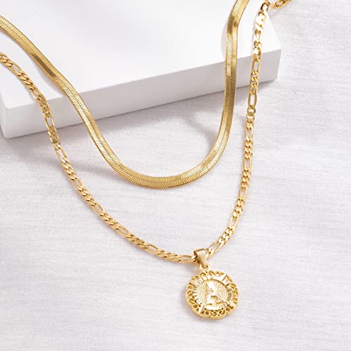 KissYan Gold Layered Initial Necklaces for Women,14K Gold Plated Layering Round Letter Pendant Figaro Snake Chain Necklace Capital Monogram Alhpabets from A-Z Dainty Jewelry Gifts for Teen Girls