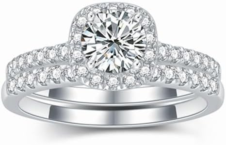 Halo Wedding Ring Set for Women Bridal Sets Wedding Rings Platinum Plated Silver, 1-1/2 Carat (ctw) Moissanite Engagement Ring Set White Gold Anniversary Promise Rings for Her