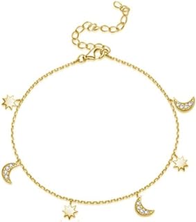 Dainty Star and Moon Anklet 925 Sterling Silver CZ Crystal Adjustable Dangle Charm Beach Foot Anklets Bracelet Summer Foot Jewelry for Women Girls