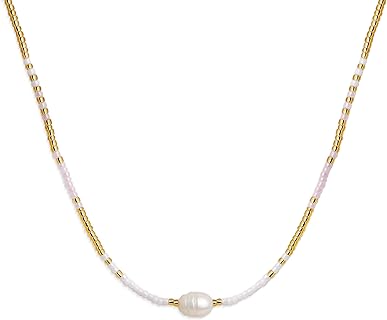 Boho Pearl Beaded Choker Necklaces for Women Teen Girls, Dainty Handmade Colorful Seed Beads Adjustable Long Necklace Summer Beach Surfer Bohemian Jewelry Gift