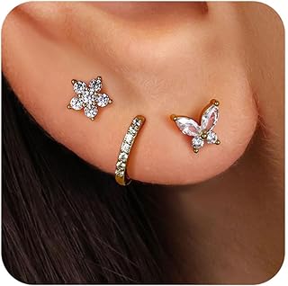 FIASASO 14K Gold Plated Earrings Set for Multiple Piercings Hypoallergenic 925 Sterling Silver Earrings for Women Dainty Gold Earrings Cartilage Stud Small Hoop Earrings Set butterfly