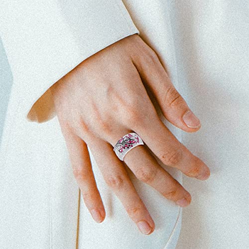 Tree of Life Ring for Women Girls,White Gold Plated Sterling Silver Plum Tree with Color Cubic Zirconias Flower Ring Jewelry Gift. Symbol of Perseverance,Fought at The Head, The Spirit of Self-quality