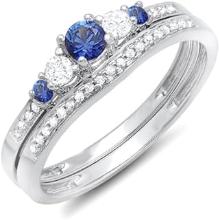 Dazzlingrock Collection 14K Blue Sapphire & White Diamond Ladies 5 Stone Bridal Engagement Ring Set, White Gold
