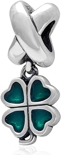 Sterling Silver Green Lucky Irish Four Leaves Clover Heart Bead Charm for Charms Bracelet