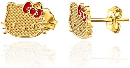 Sanrio Hello Kitty Womens 10k Gold Stud Earrings - Gold Hello Kitty Earrings with Red Enamel Bow Officially Licensed
