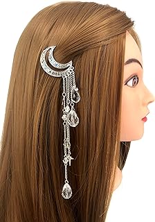 QTMY Unique Moon Rhinestone Tassel Hair Clip in Silver Alloy with Crystal Bead Charms and Silver Hair Chain Design