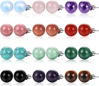 Laumoi 12 Pairs Natural Agate Stone Ball Studs Crystals Gemstone Amethyst Rose Quartz Earrings Studs Round Polished Earrings Jewelry for Women Girls