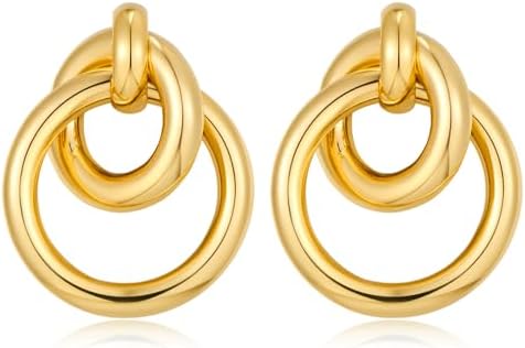 Modern & Lightweight Double Circle Drop Hoop Earrings for Women, Crafted from 14K Gold-Plated Copper - Push Back Design without Gemstone
