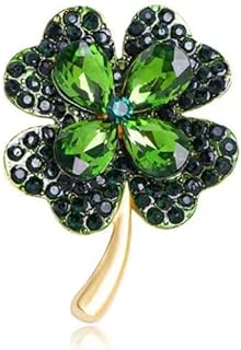 Rhinestone Clover Leaf Brooch Pin, Green Four Leaf Clover Pin Shamrock Lapel Pin, Gold Plated Vintage Crystal Flower Brooches-1