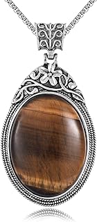 Green Stone Pendant Necklace with Rolo Chain, Tiger's Eye Gem for Women, Oval Design - Stainless Steel Jewelry Gift for Wife or Mom