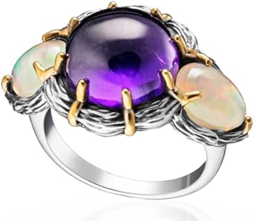 Sterling Silver SARKISSIAN Round Amethyst & Opal Engagement Ring, 18K Gold Plated, Sizes 7 & 8, Perfect for Loved Ones - Elegant & Unique Design
