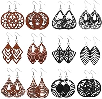 12-Pair Set of Vibrantly Painted French Wire African Wooden Dangle Earrings for Women, Lightweight Geometric Shaped Pendants