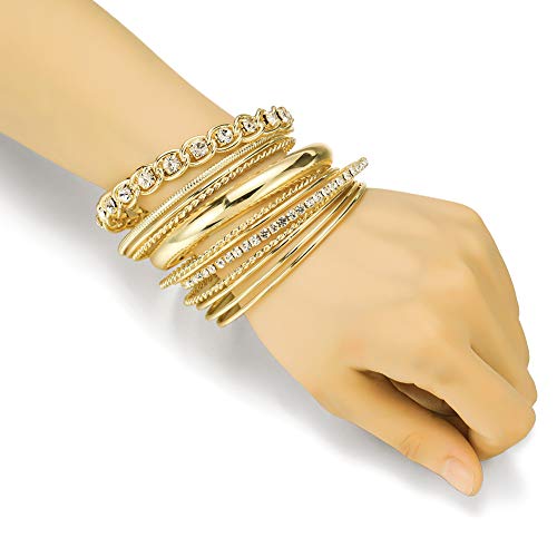 Twisted Multiple Metal Bracelets & Bangles Set for Women 12Pcs/Set W/Clear Rhinestones