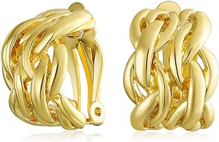 Twisted Cable Chain Link Weave Wide Half Hoop Clip On Earrings For Women Non Pierced Ears Rose Gold Silver Plated