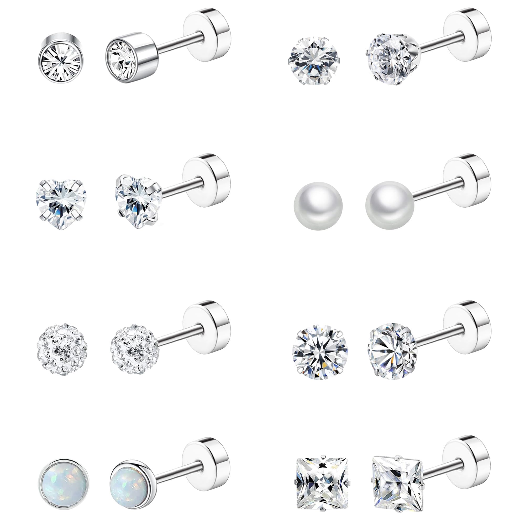 Staligue 8 Pairs Titanium Surgical Steel Earrings for Women Men Hypoallergenic Flat Back Stud Earrings for Sensitive Ears 20 Gauge Surgical Steel Cartilage Earring Opal CZ Pearl Small Nap Sleeper Earrings